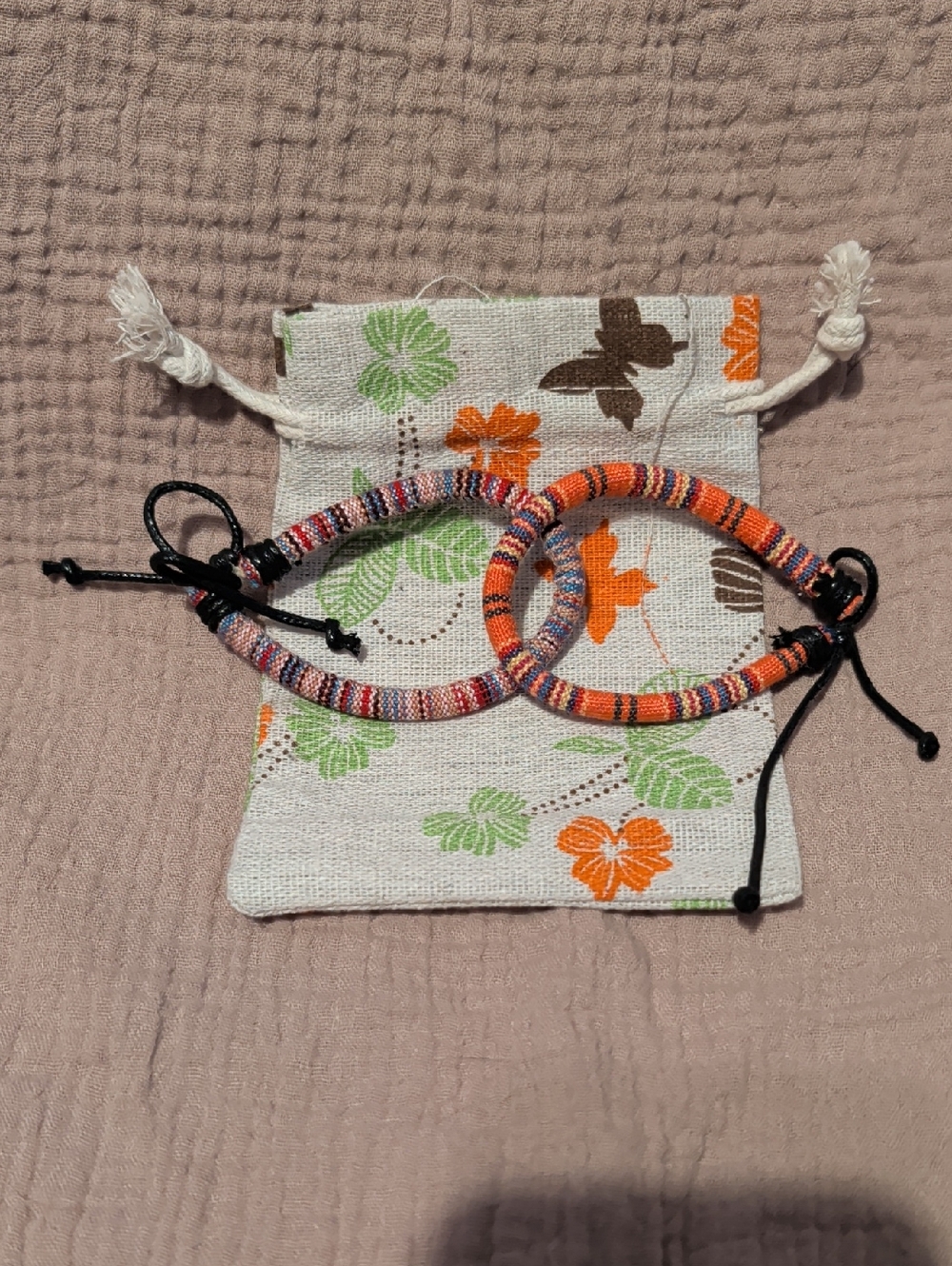 Handwoven Orange & Multicolor Wrapped Cord Bracelets - Set of 2